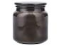 Donkere glazen pot met zwarte deksel