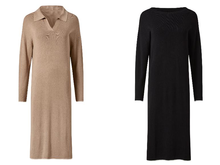 Twee gebreide jurken: een beige met een polokraag en een zwarte met een ronde hals.