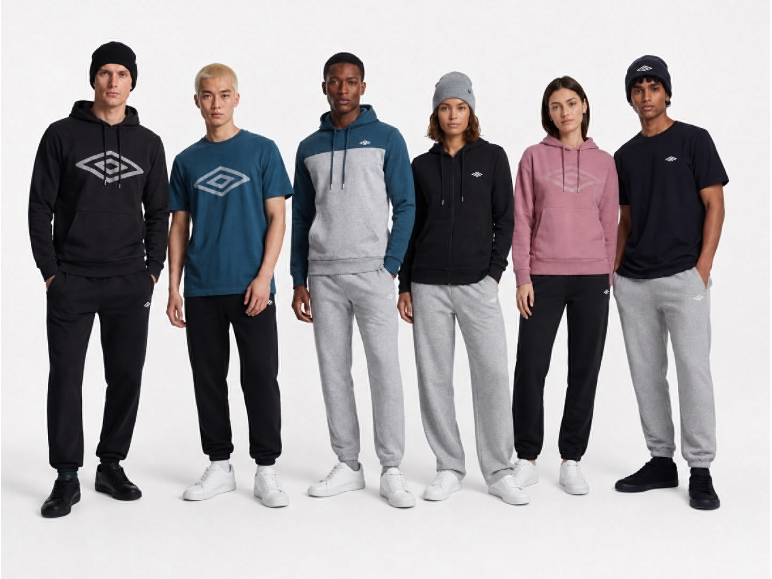 Zes modellen in sportkleding, waaronder hoodies, T-shirts en joggingbroeken.