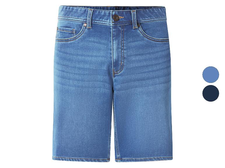 Blauwe denim shorts voor heren, met twee kleuropties.