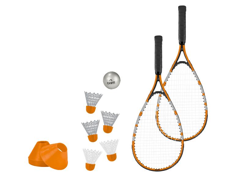 Twee Crivit rackets, shuttles en pionnen voor racketsporten.
