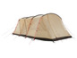 Beige tent met rode touwen en een donker gekleurd grondzeil.