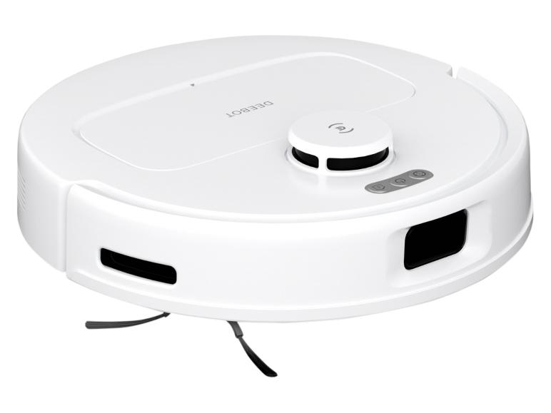 Witte robotstofzuiger met een rond lichaam en uitstekende zijborstels.