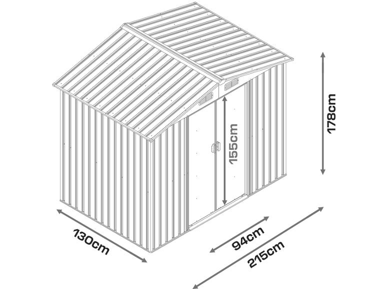 Metalen tuinhuis met afmetingen: 215x130x178 cm, deurhoogte 155 cm.
