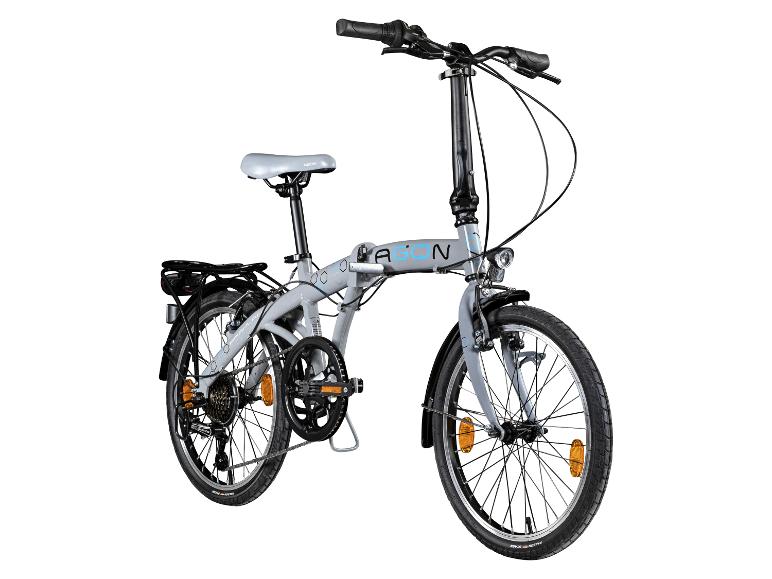 Grijze vouwfiets met blauwe accenten en een bagagedrager achter.