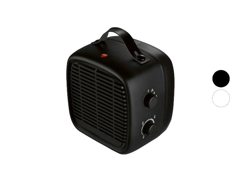 Zwarte ventilatorkachel met handvat en bedieningsknoppen