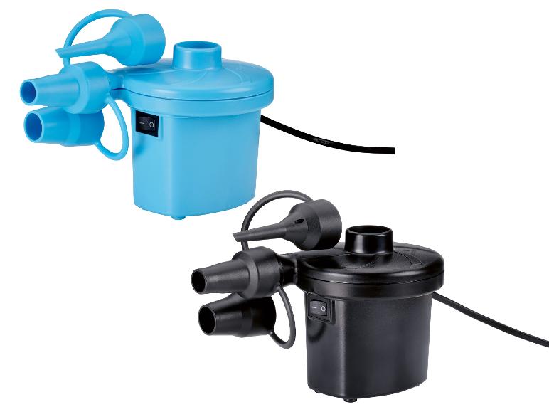 Elektrische luchtpompen, blauw en zwart, met meerdere opzetstukken.