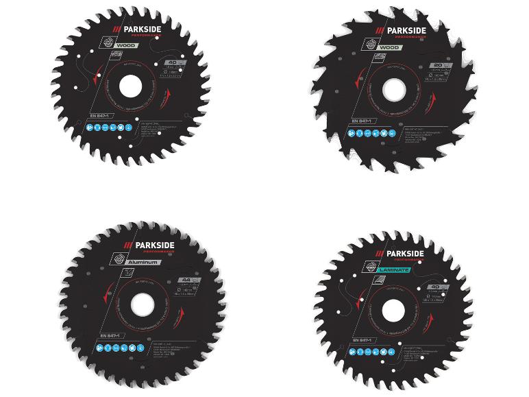 Vier cirkelzaagbladen voor hout, aluminium en laminaat.