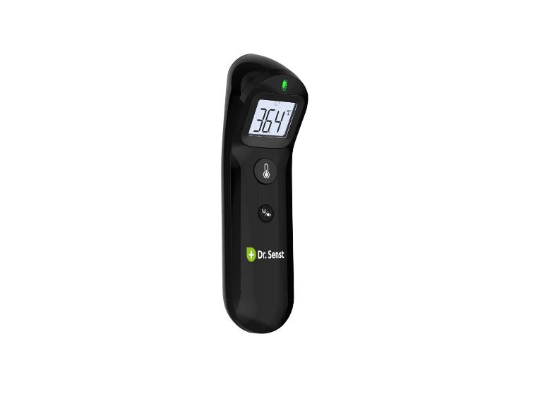 Zwarte Dr. Senst infrarood digitale thermometer met LCD-scherm dat 36.4 °C weergeeft.