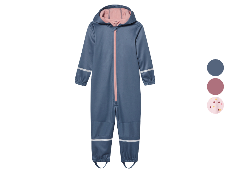 Blauw kinder regenpak met roze details, verkrijgbaar in andere kleuren.