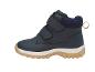 Donkerblauwe kinderwinterlaars met klittenbandsluiting en een bruine zool.