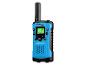 Blauwe kinder walkietalkie met zwarte antenne en knoppen.