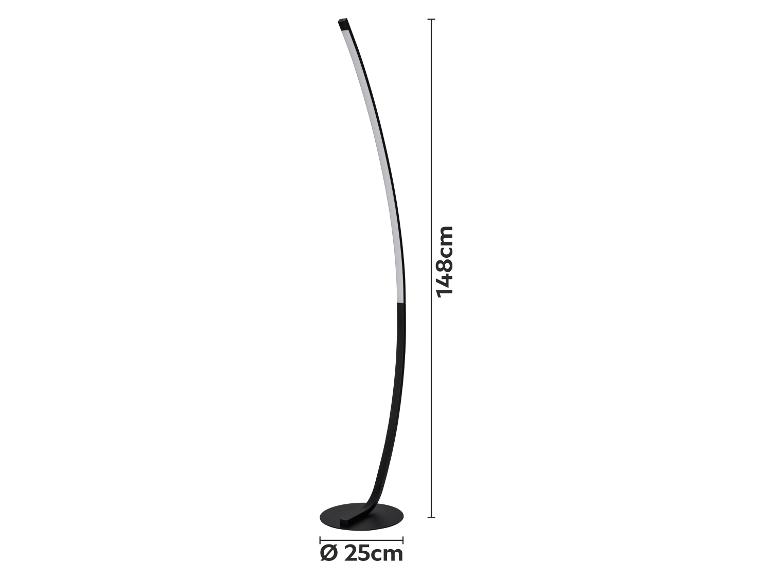 Gebogen zwarte LED vloerlamp, 148 cm hoog, met een voet van 25 cm diameter.
