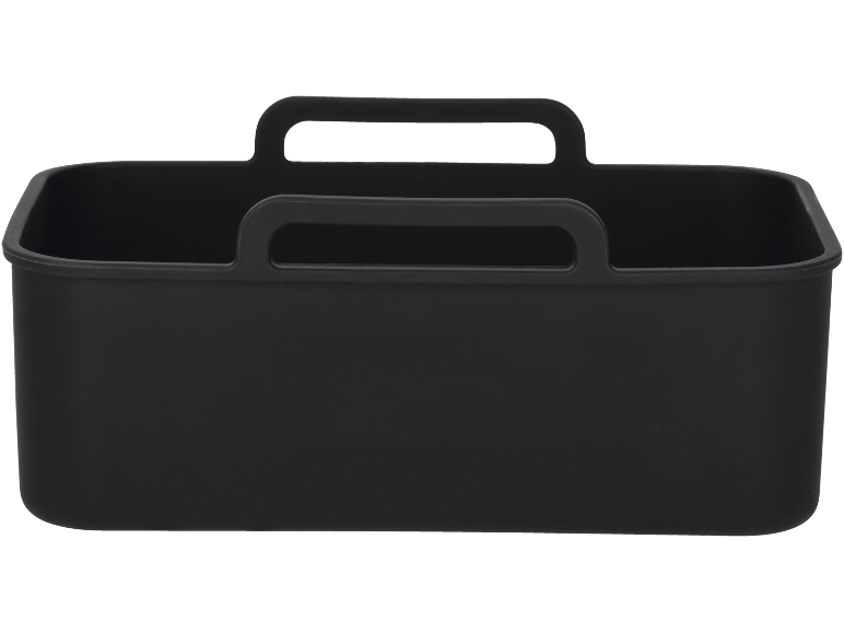 Zwarte plastic opbergbox met handvatten.