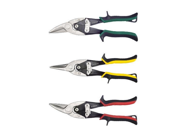 Drie paar Parkside metaal kniptangen met handgrepen in verschillende kleuren.