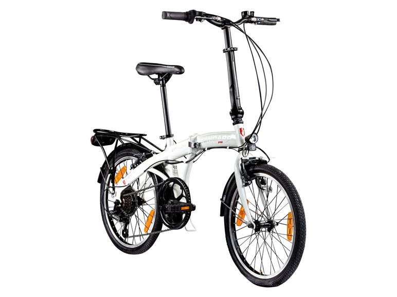 Een witte vouwfiets met zwarte wielen.