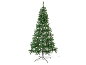Kunstkerstboom met groene naalden en een zwarte standaard.
