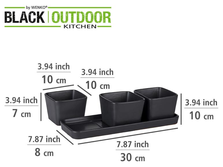 Drie zwarte vierkante potten met een dienblad WENKO® Black Outdoor Kitchen.