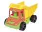 Een gele Wader speelgoed vrachtwagen met een opklapbare laadbak.