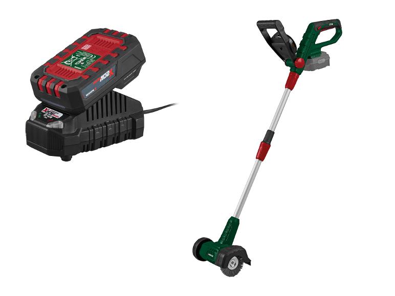 Accu en oplader voor tuingereedschap en een accuaangedreven onkruidborstel.