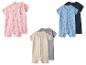 Drie tweepacks babyrompers met korte mouwen: roze met bloemen en harten, beige en grijs, blauw met bootjes en marineblauw.