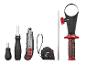 Handgereedschapset met schroevendraaier, stanleymes, 3m rolmaat, liniaal en bandensleutel.