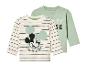 Twee baby-T-shirts met lange mouwen, één met Mickey Mouse en één met de tekst 'Mickey Mouse'.