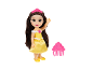 Prinsessenpop in gele jurk met roze tiara, vergezeld van een roze kam.
