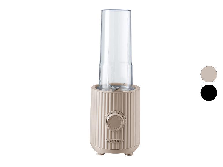 SilverCrest mini blender in beige met transparante beker en zwarte en beige kleuropties.