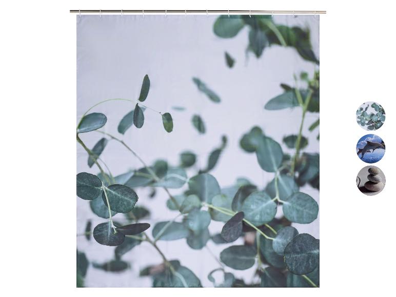 Douchegordijn met eucalyptusbladmotief, met opties voor dolfijnen en stenen.