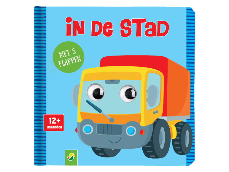 Kinderboek met flappen, 'In de stad', met een vrachtwagen in de hoofdrol.