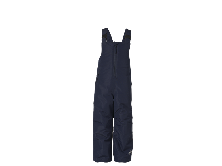 Blauwe kinder sneeuwbroek met bretels en ritssluiting aan de voorkant.