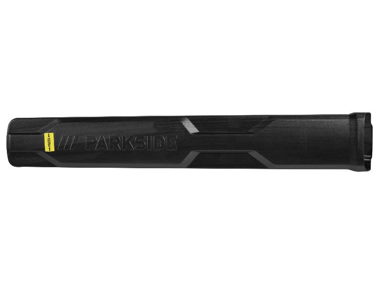 Zwarte beschermkap voor zaagblad met 'PARKSIDE' logo en gele 'PRESS' sticker.