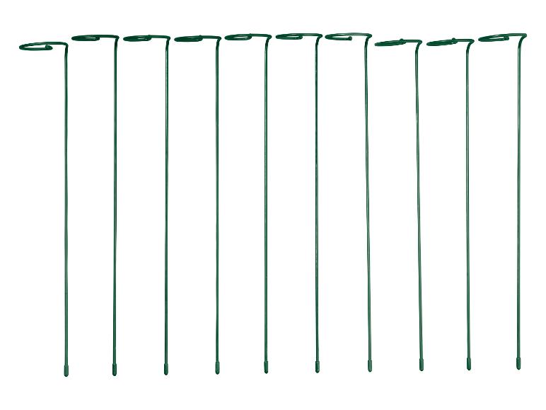 Set van groene metalen plantensteunen met een gebogen bovenkant