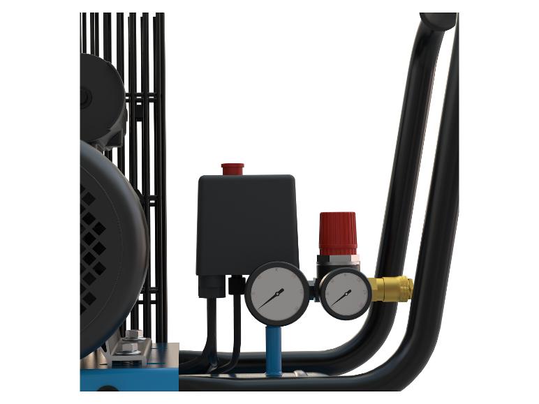 Close-up van een compressor met manometers en bedieningselementen.