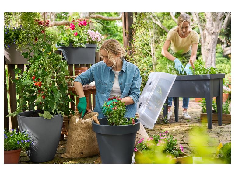 Twee vrouwen tuinieren op een terras, planten bloemen en kruiden in diverse plantenbakken.