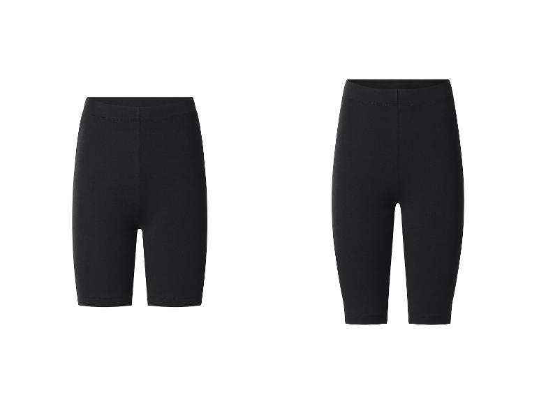 Twee zwarte high-waisted sportshorts voor dames, in verschillende lengtes.