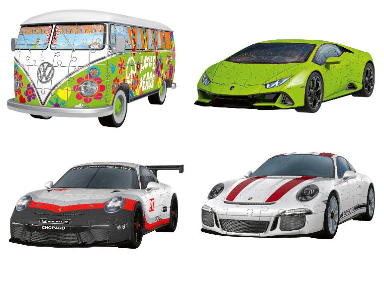 Vier 3D-autopuzzels: een VW-bus, een groene Lamborghini en twee Porsches.