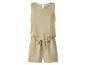 Beige mouwloze dames jumpsuit met trekkoord in de taille.