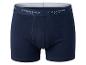 Donkerblauwe herenboxershort met witte elastische tailleband en tekst.