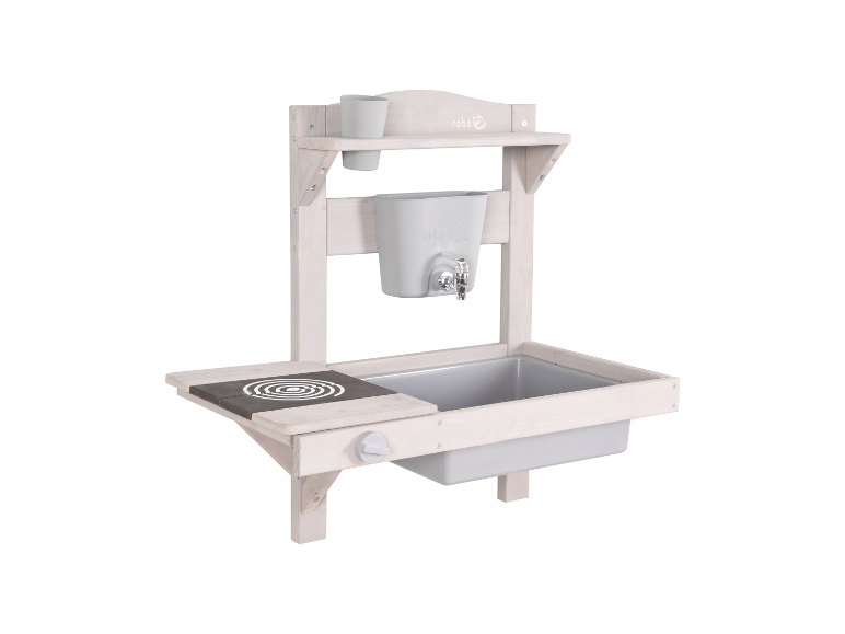 Roba houten kinderspeelkeuken in wit met gootsteen en fornuis.