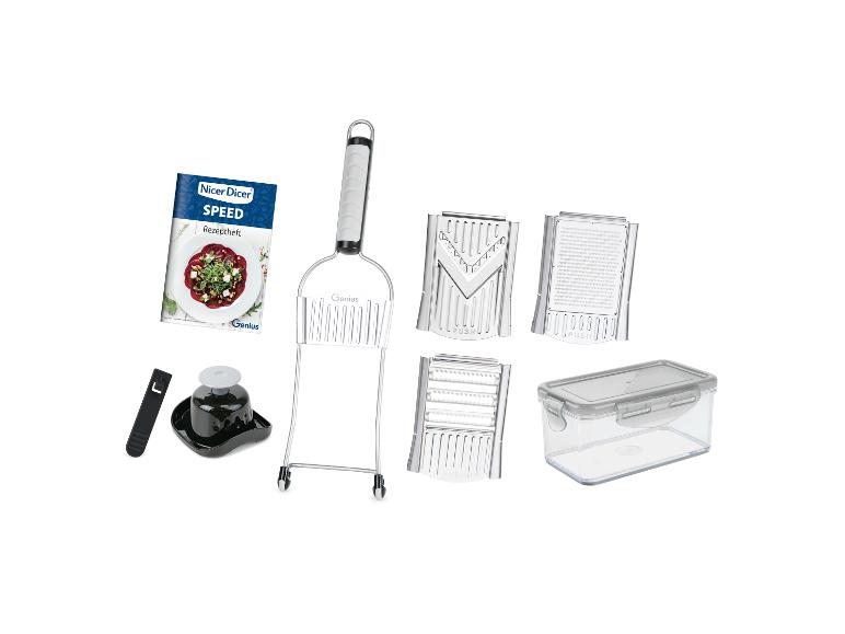 Nicer Dicer Speed set met raspen, receptenboek en opbergdoos.