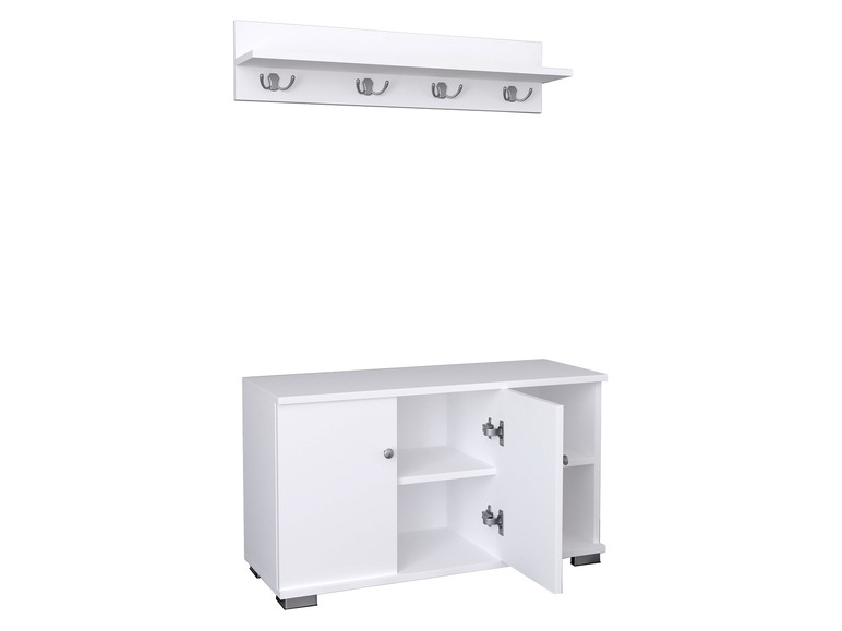 Witte kast met twee deuren en een plank, met een witte wandplank met haken erboven.