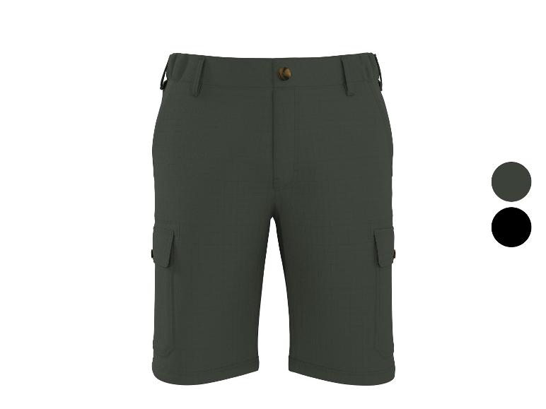 Donkergroene cargoshorts met bruine knoop en zijzakken.