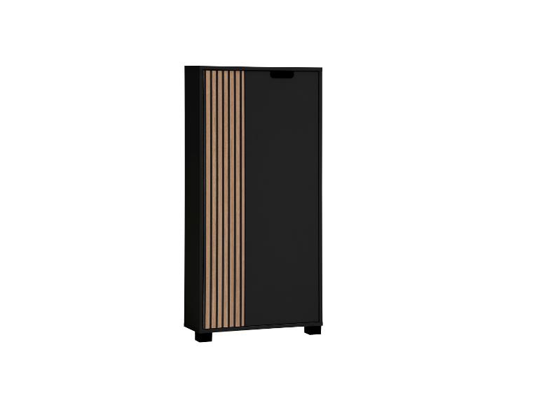 Zwarte schoenenkast met verticale houten latten en geïntegreerde handgreep.