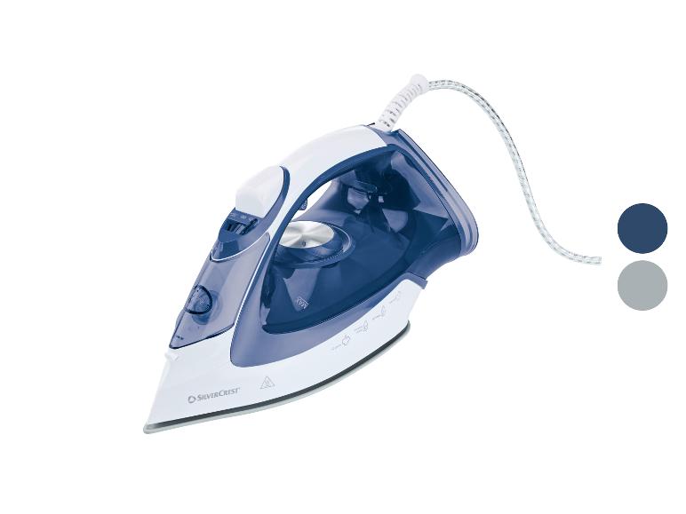 Wit-blauw stoomstrijkijzer met snoer en kleurstalen.