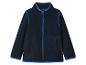 Donkerblauwe kinderfleecejas met rits en blauwe details.