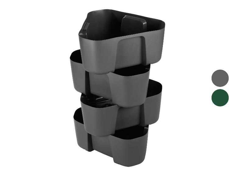 Stapelbare plantenbakken in donkergrijs en donkergroen.