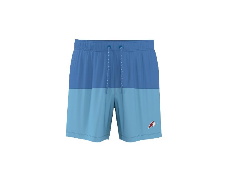 Tweekleurige blauwe en lichtblauwe sportshorts met trekkoord en logo op de zijkant.