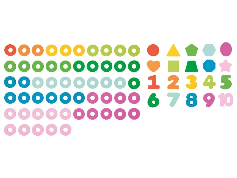 Kleurrijke houten ringen, geometrische vormen en cijfers van 1 tot 10.